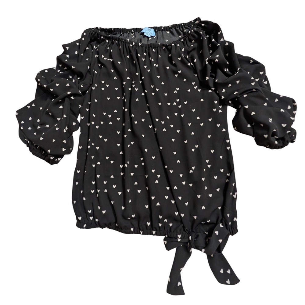 CeCe Women's M Black Heart Print Off Shoulder Ruffle Sleeve Blouse
